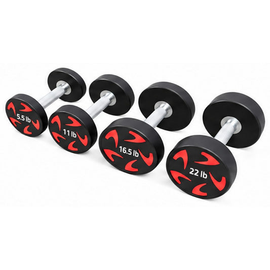 LM-9020 Cpu Round Steel Dumbbells - Red Accent, white background